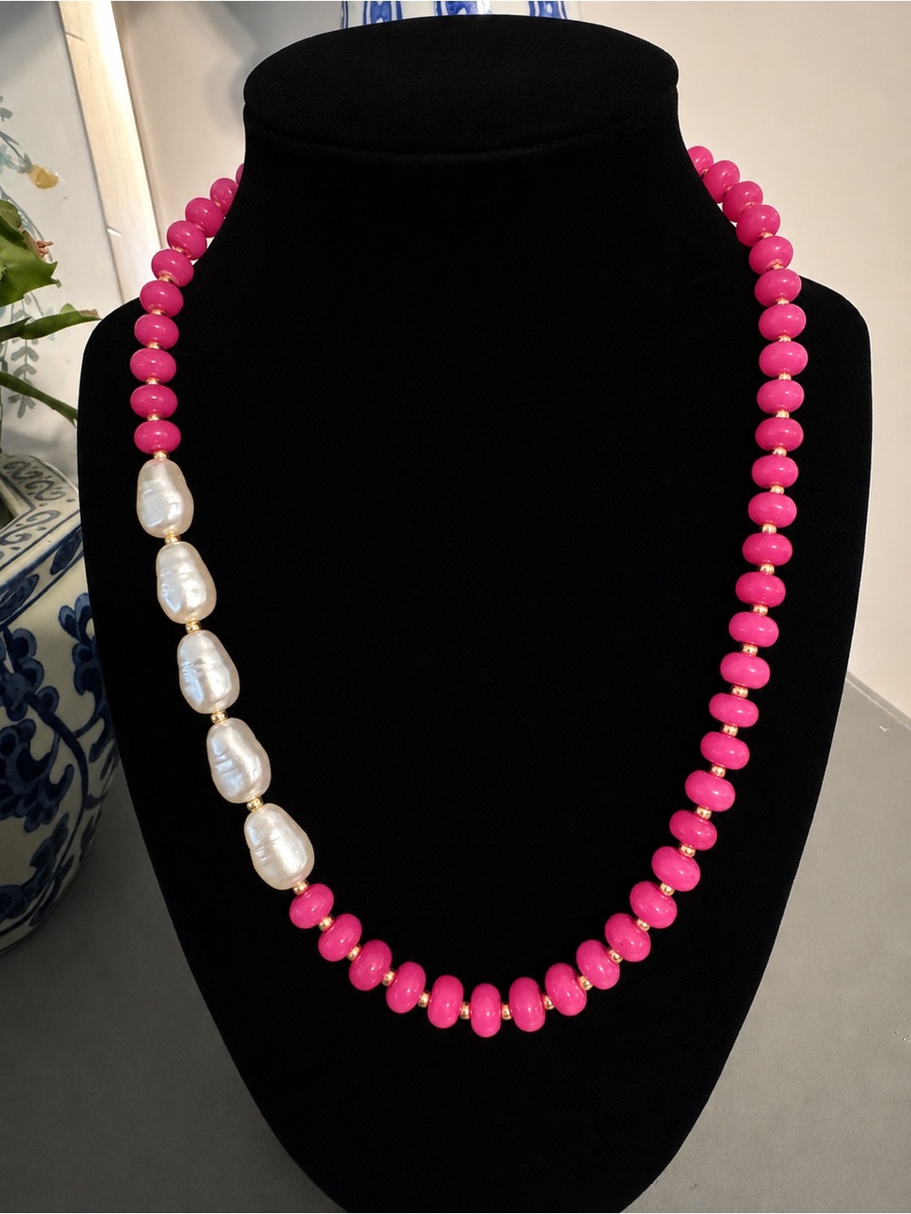 Hot Pink Bead and Baroque Pearl Necklace